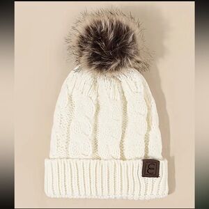 Cream and Black Cable Knit Pom-Pom Beanies